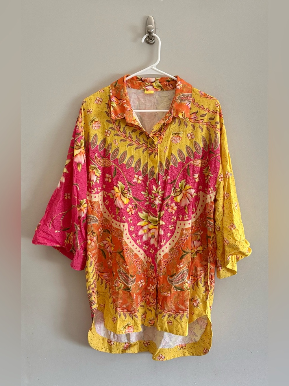 Agua Bendita Chrissy Lula Floral Multicolor Button Up Shirt Swim Cover Size M/L